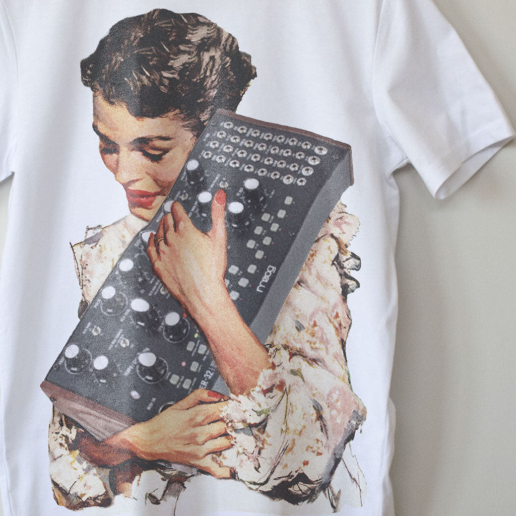Close up image detail modular synth T-shirt by Son of Sine – unisex organic cotton tee