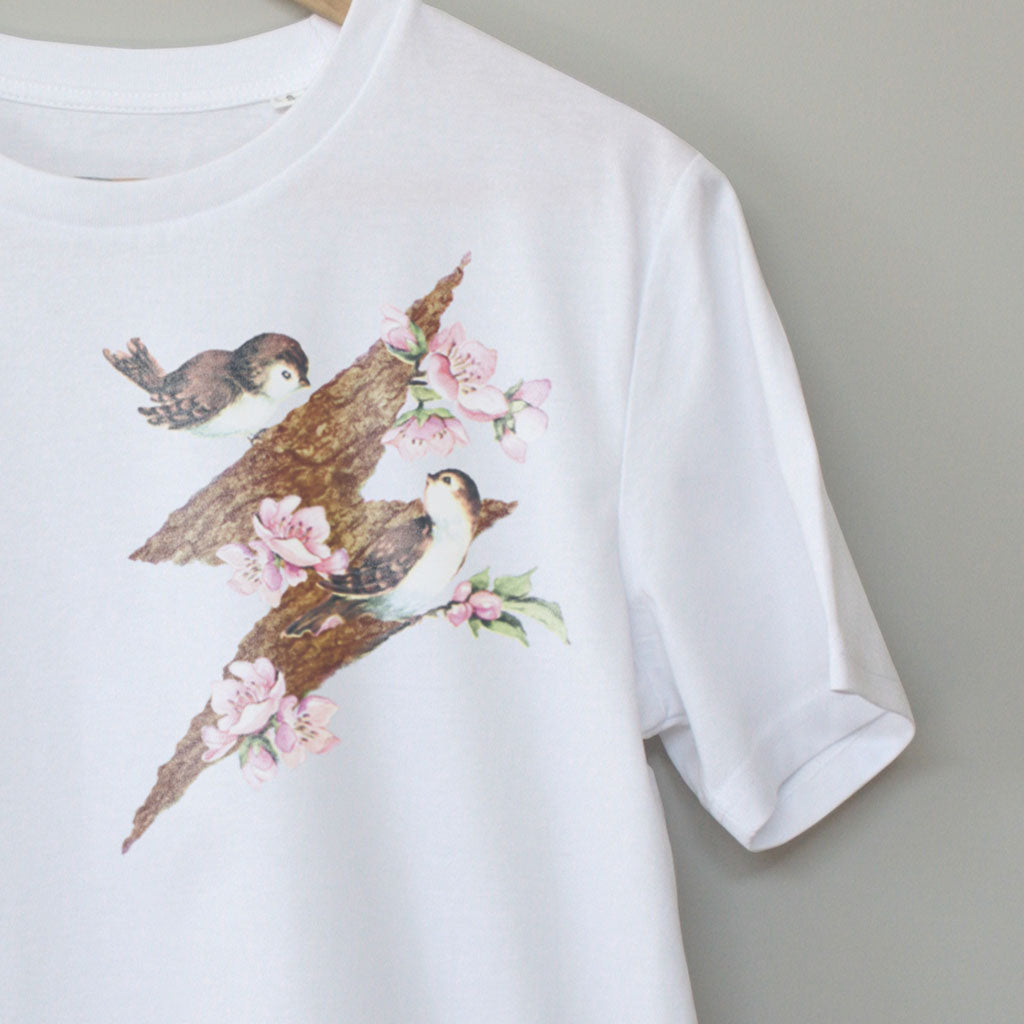 Finches White T-Shirt, close up detail image. Contemporary Eurorack T-Shirt for Electronic Music Festival T-Shirt – Vegan T-Shirt – PETA Approved and 100% organic cotton