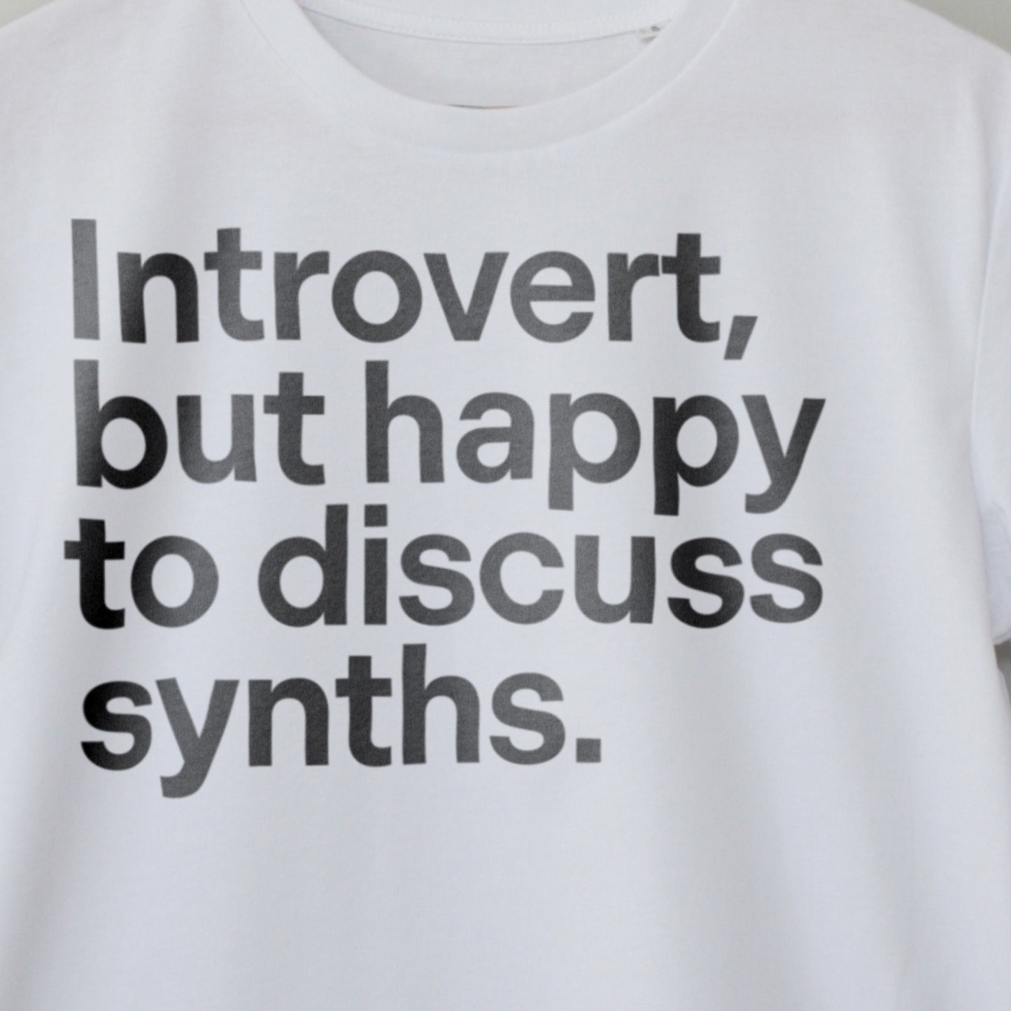 Analog Synth T-Shirt. Close up image. Electronic Music Festival Synth T-Shirt – Vegan T-Shirt – PETA Approved and 100% organic cotton