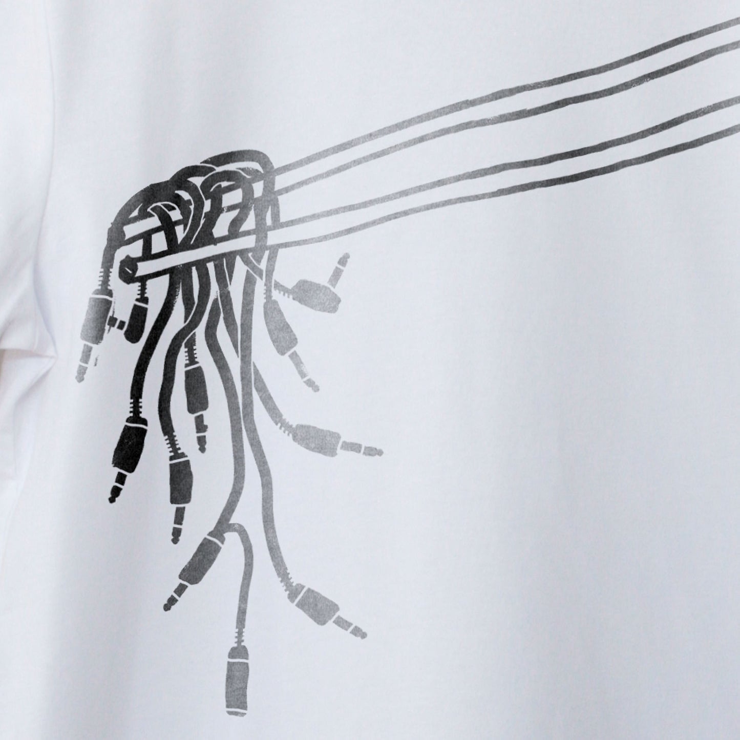 Close up detail image. Contemporary Eurorack Synth T-Shirt for Electronic Music Festival T-Shirt – Vegan T-Shirt – PETA Approved and 100% organic cotton