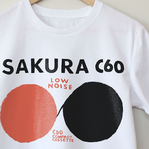 Close Up detail of Print. Sakura C60 T-Shirt Illustration. Cassette tape. Tape loops Synth T-Shirt. Drone Music. Ambient.