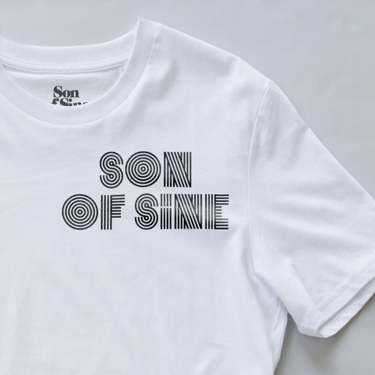 A close up image of an electronic music t-shirt with the words 'SON OF SINE' printed on the chest in a black retro striped font.