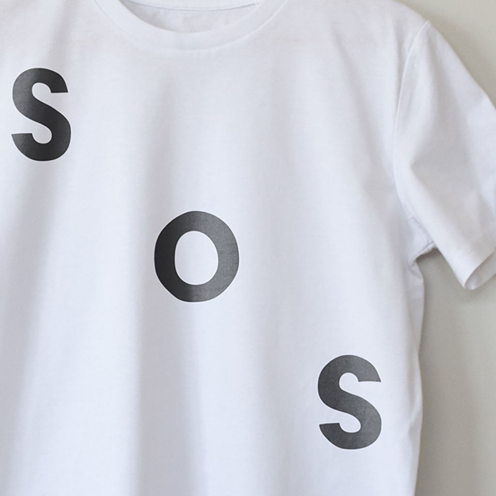 SOS branded t-shirt. code up detail photo.