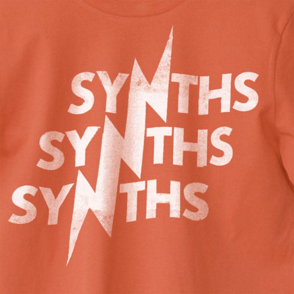 Synths T-Shirt Close up detail image. Front.Contemporary Synth T-Shirt for Electronic Music Festival T-Shirt – Vegan T-Shirt – PETA Approved and 100% organic cotton