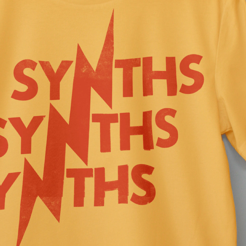 SYNTHS Retro T-Shirt. Front Close up detail image. Contemporary Synth T-Shirt for Electronic Music Festival T-Shirt – Vegan T-Shirt – PETA Approved and 100% organic cotton