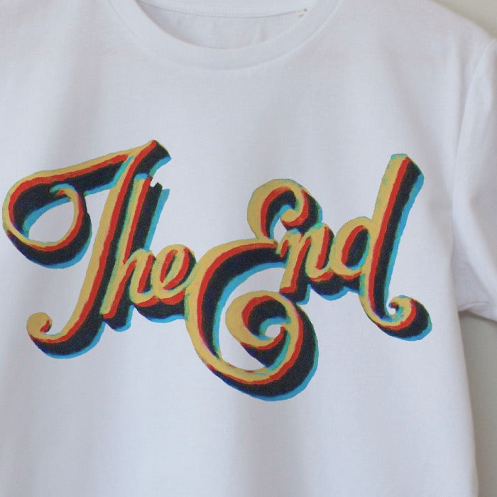 Close up of Print. The End. Hollywood Cinema Golden Era Synth T_shirt.
