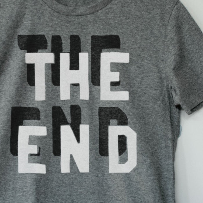 The End Noir – Detail close up image of print area Electronic Music Techno T-Shirt – Vegan Synth T-Shirt – PETA Approved and 100% organic cotton