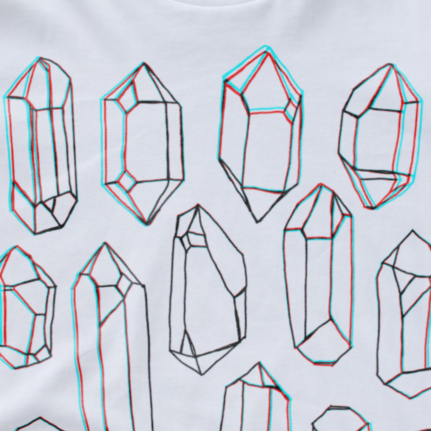 White synth t-shirt featuring a repeating pattern of hand-drawn black crystal line art with a red and cyan 3D anaglyph shadow effect.