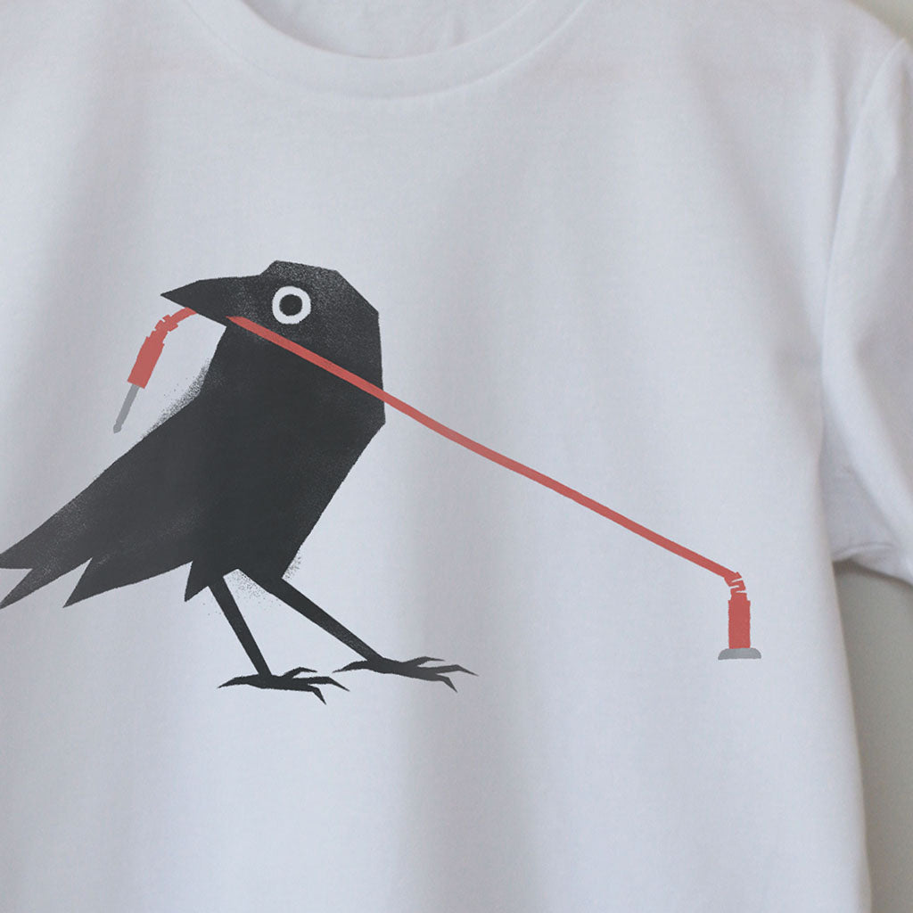 Close up detail of Printed Design _ Early Bird. Funny cute Synth T-shirt. Electronic Music Eurorack T-Shirt for Electronic Music Festival T-Shirt. Vegan T-Shirt PETA Approved and 100% organic cotton.