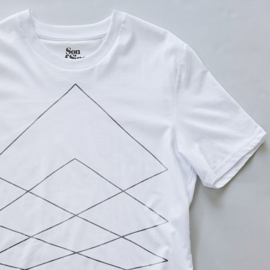 A white synth t-shirt featuring a black geometric line pattern of nested triangles on the front. The brand name 'Son of Sine' is printed inside the collar.