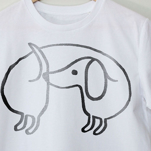 Close up image of printed design – Dachshund T-Shirt. White. Eurorack 80s electronic music synth t-shirt unisex vegan