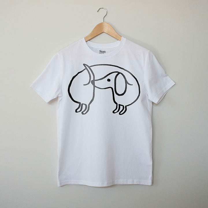 Dachshund Synth Techno T-Shirt. White. Eurorack 80s electronic music synth t-shirt unisex vegan