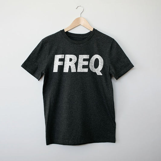 FREQ. Black. Contemporary Techno Music T-Shirt for Electronic Music Festivals – Vegan T-Shirt – PETA Approved and 100% organic cotton