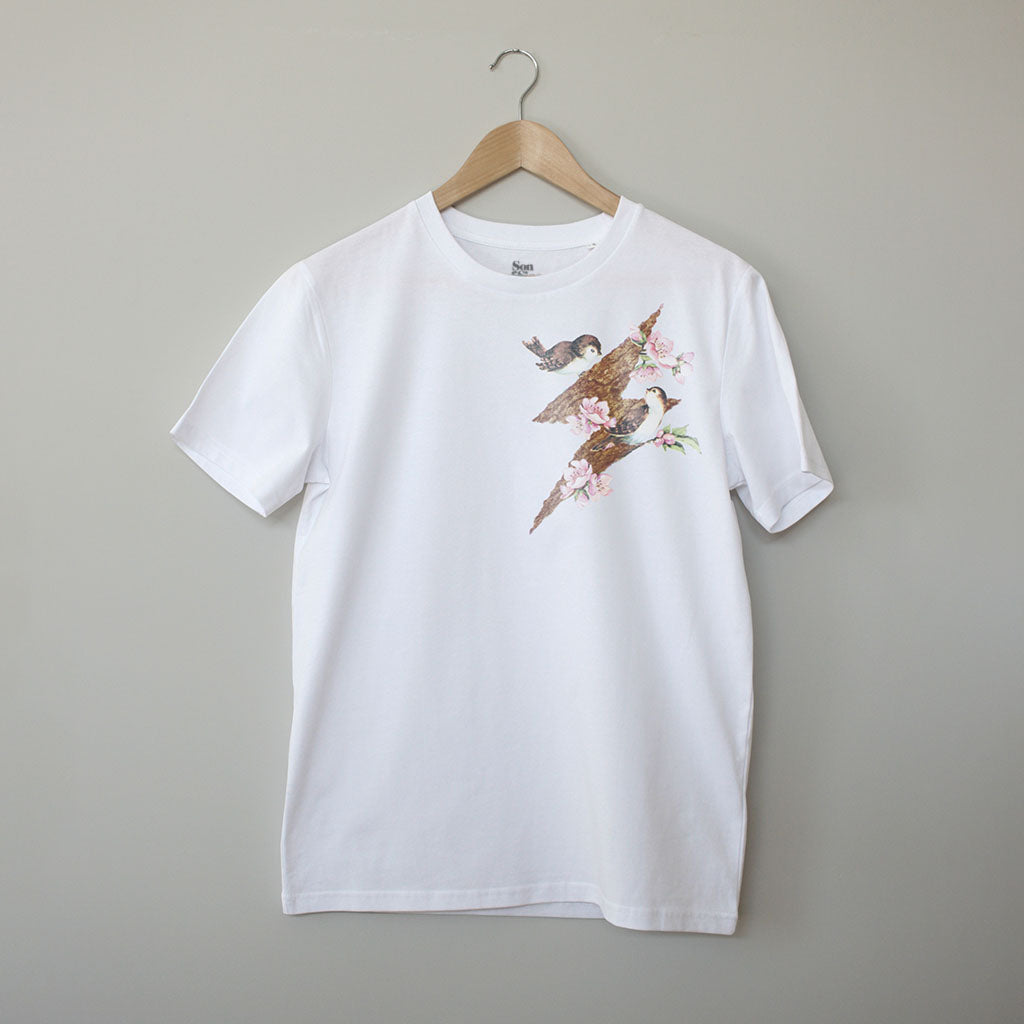 Finches, white T-shirt. Contemporary Techno Music T-Shirt for Electronic Music Festivals  – Vegan T-Shirt – PETA Approved and 100% organic cotton