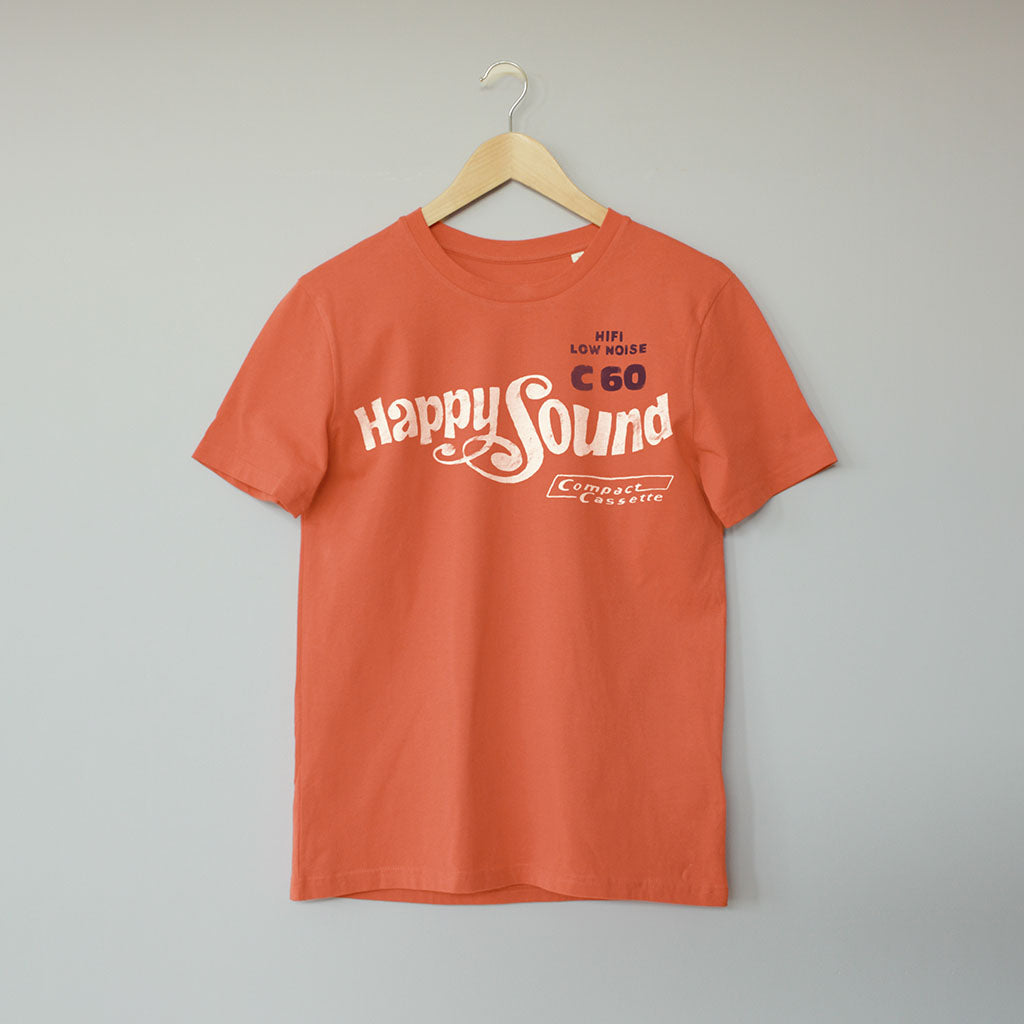 Happy Sound. Vintage Cassette Tape T-Shirt Illustration. Contemporary Eurorack Synth T-Shirt for Electronic Music Festival T-Shirt – Vegan T-Shirt – PETA Approved and 100% organic cotton