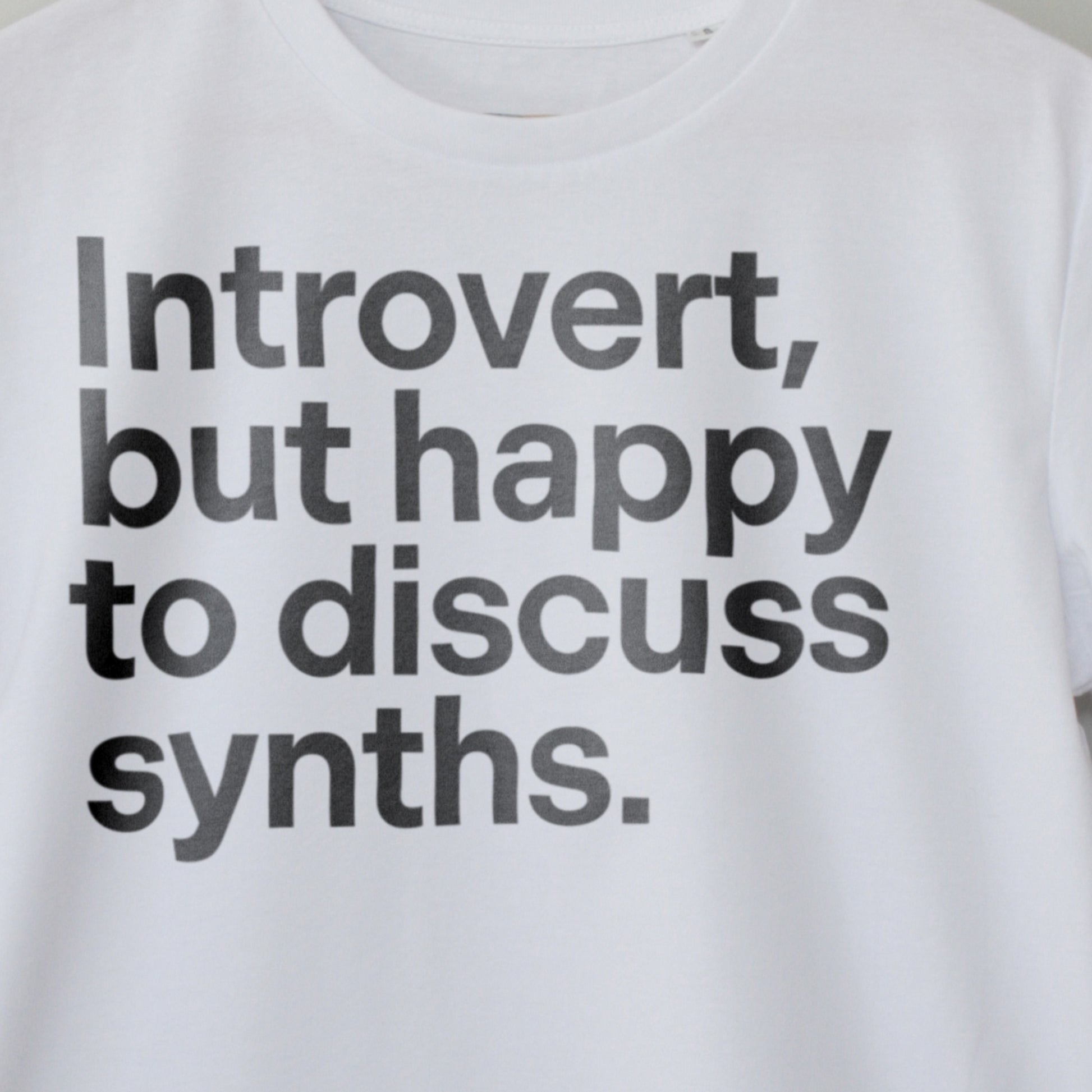 Analog Synth T-Shirt. Close up image. Electronic Music Festival Synth T-Shirt – Vegan T-Shirt – PETA Approved and 100% organic cotton