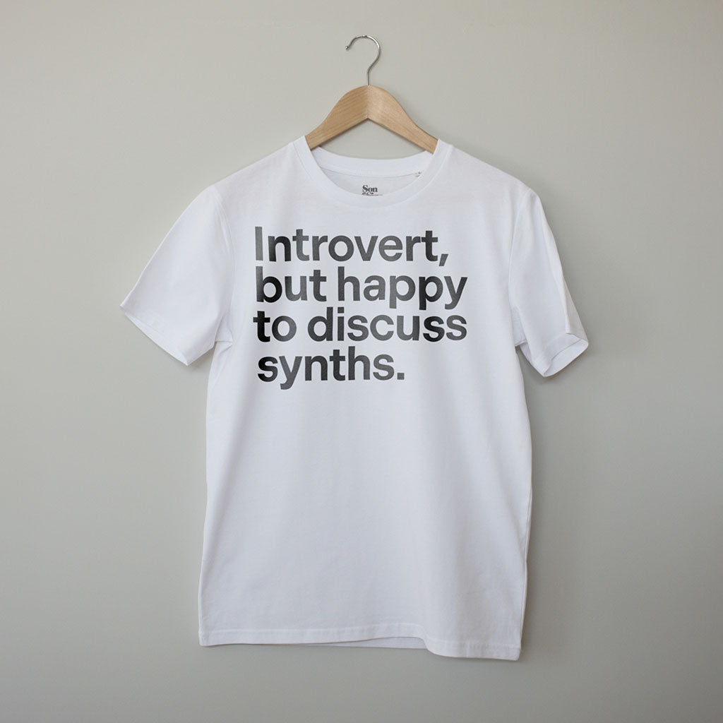 Introvert. Funny Slogan Synth T-Shirt. White. Contemporary Eurorack T-Shirt for Electronic Music Festival T-Shirt – Vegan T-Shirt – PETA Approved and 100% organic cotton