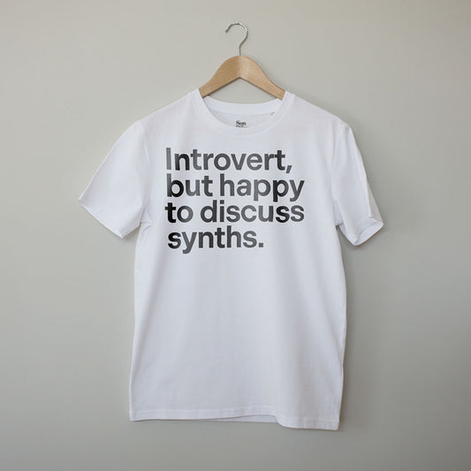 Introvert. Funny Slogan Synth T-Shirt. White. Contemporary Eurorack T-Shirt for Electronic Music Festival T-Shirt – Vegan T-Shirt – PETA Approved and 100% organic cotton