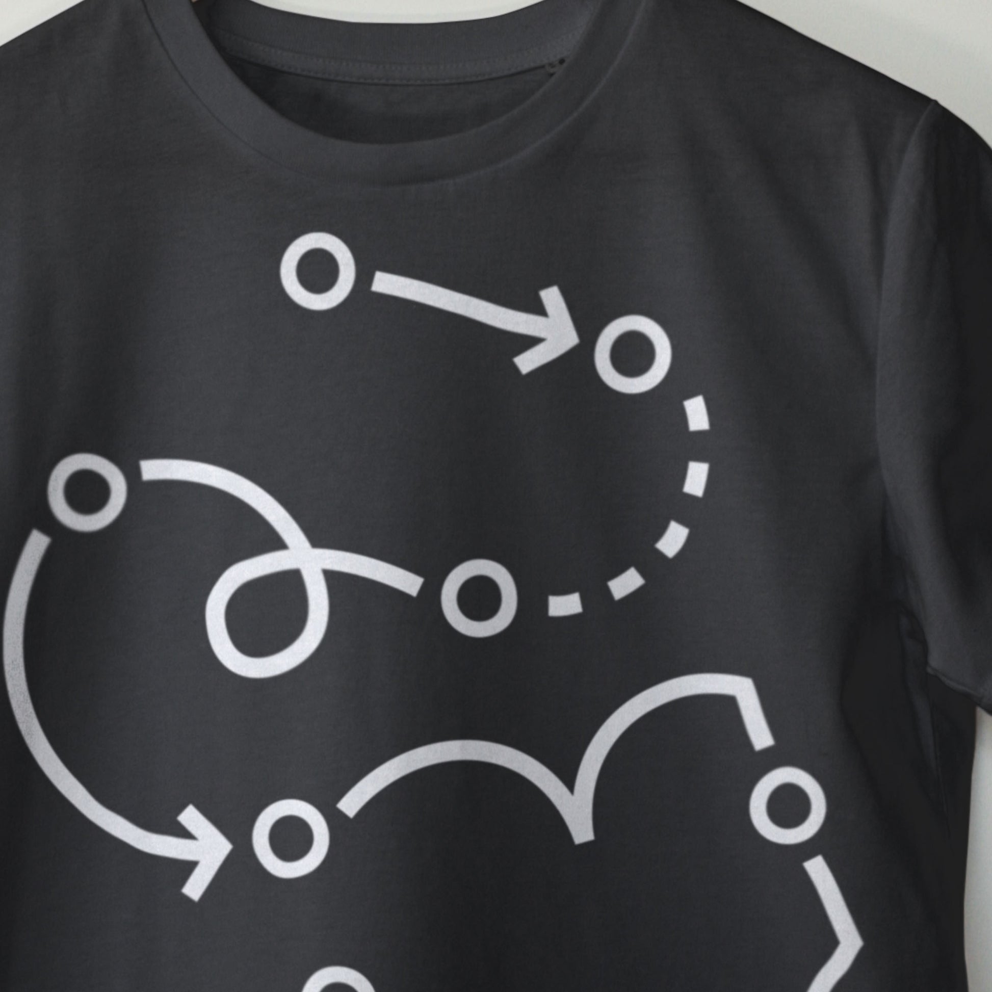 Close detail of Front Print. Patch. modular synth T-shirt by Son of Sine – unisex organic cotton tee.