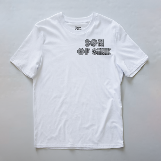 A white synth inspired t-shirt with 'SON OF SINE' printed in a black retro striped font on the chest.