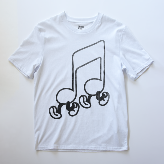 A white short-sleeve synth inspired t-shirt with an illustration of a walking musical note on the front.
