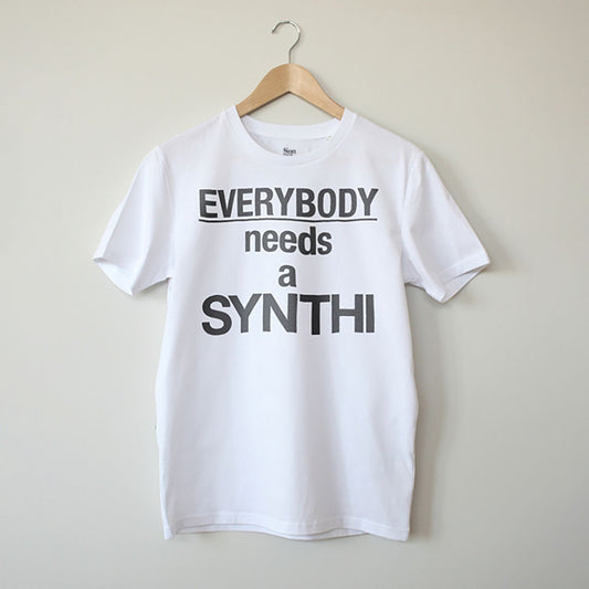 SYNTHI, White T-Shirt. Contemporary Eurorack T-Shirt for Electronic Music Festival T-Shirt – Vegan T-Shirt – PETA Approved and 100% organic cotton