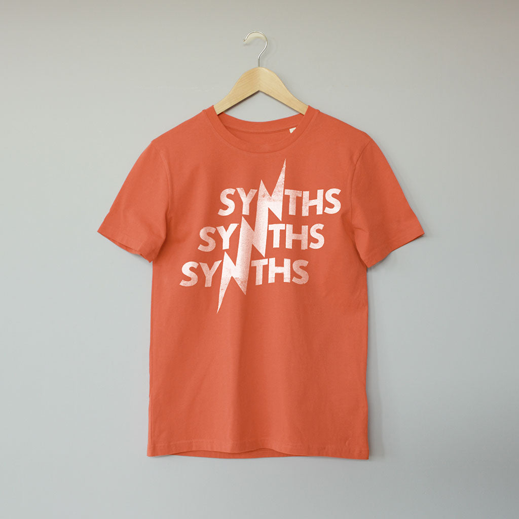 Synths, Synths, Synths T-Shirt. Contemporary Synth T-Shirt for Electronic Music Festival T-Shirt – Vegan T-Shirt – PETA Approved and 100% organic cotton