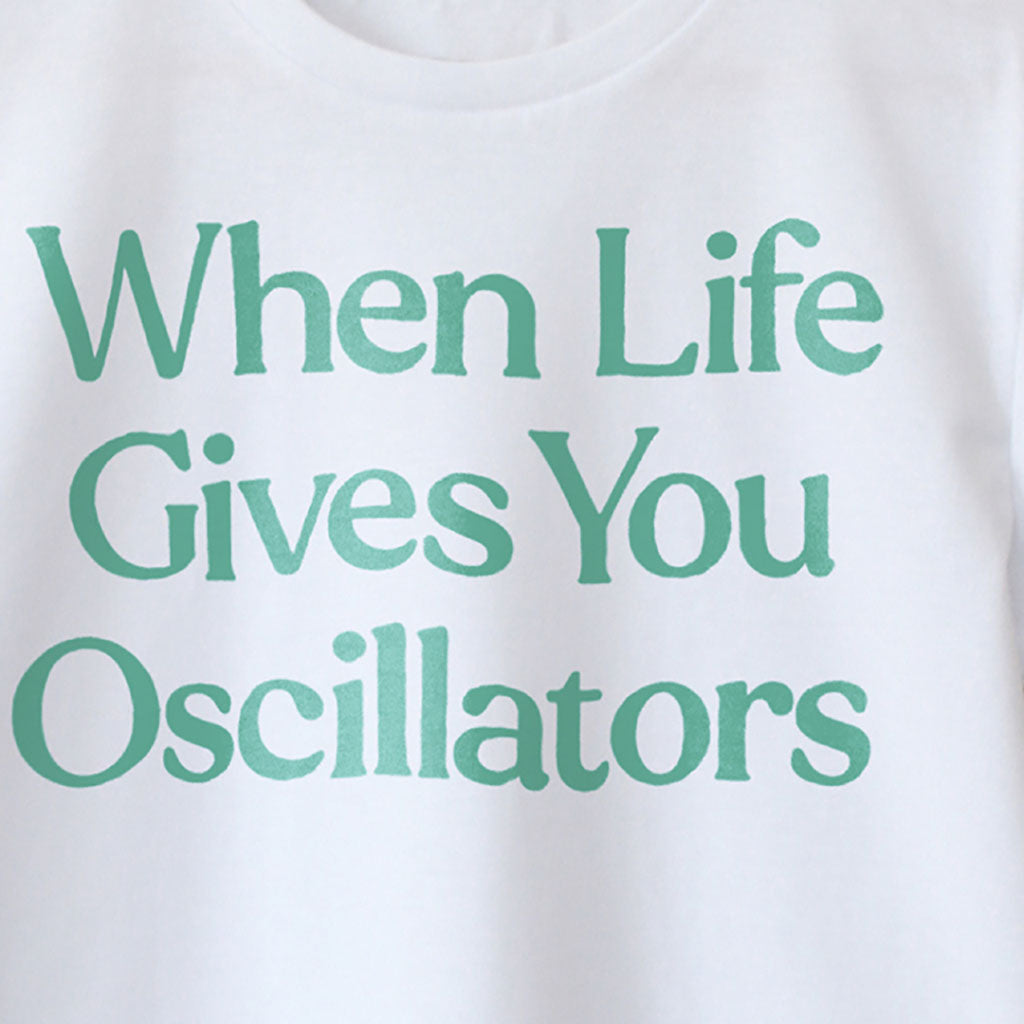 Close up detail image. Contemporary Eurorack T-Shirt for Electronic Music Festival T-Shirt – Vegan T-Shirt – PETA Approved and 100% organic cotton