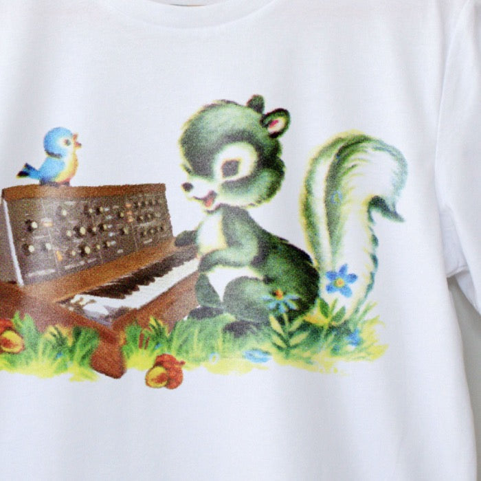 Close up detail image of Woodland Waves. Moog Minimoog T-Synth Shirt by Son of Sine – unisex organic cotton tee.