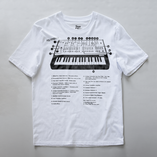 A synth t-shirt with a black graphic print of an ARP Odyssey synthesizer keyboard and features text.