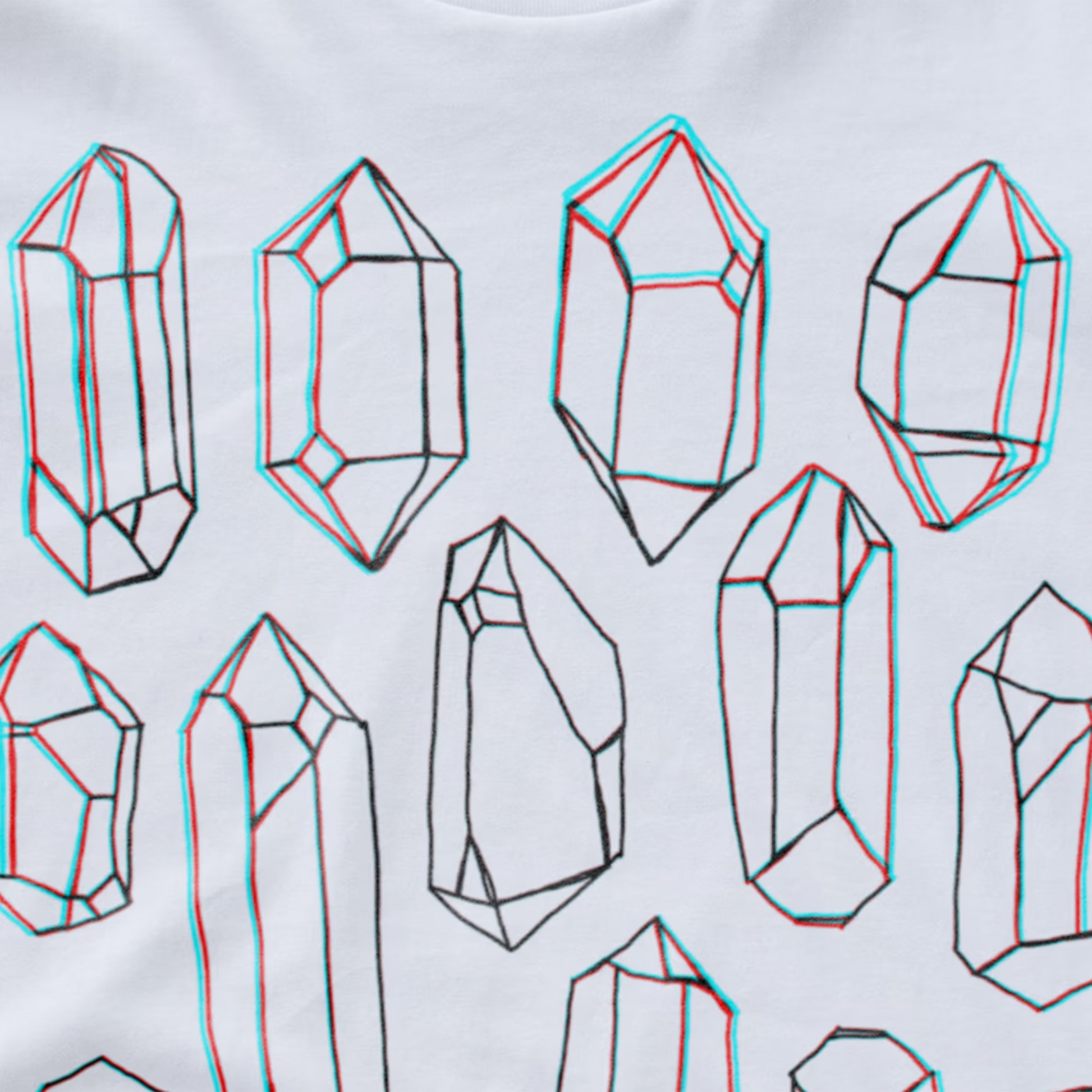 White synth t-shirt featuring a repeating pattern of hand-drawn black crystal line art with a red and cyan 3D anaglyph shadow effect.