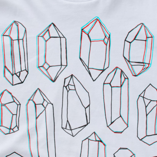 White synth t-shirt featuring a repeating pattern of hand-drawn black crystal line art with a red and cyan 3D anaglyph shadow effect.