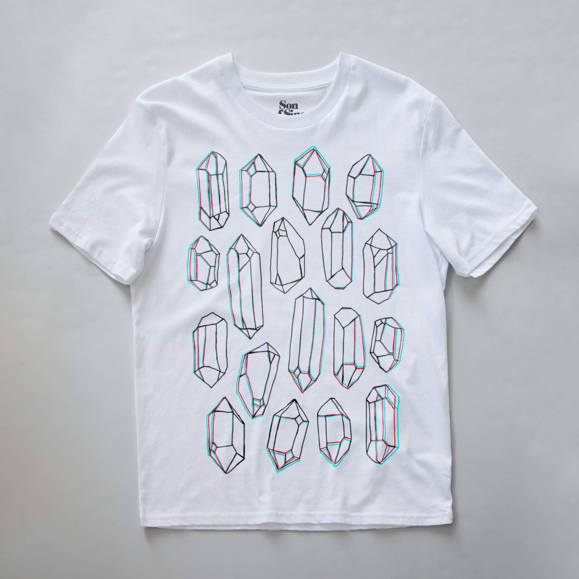 A white synth t-shirt featuring a graphic print of twenty different crystal and gemstone line drawings. The crystals are drawn with black outlines and a subtle 3D anaglyph effect using red and cyan/blue lines.