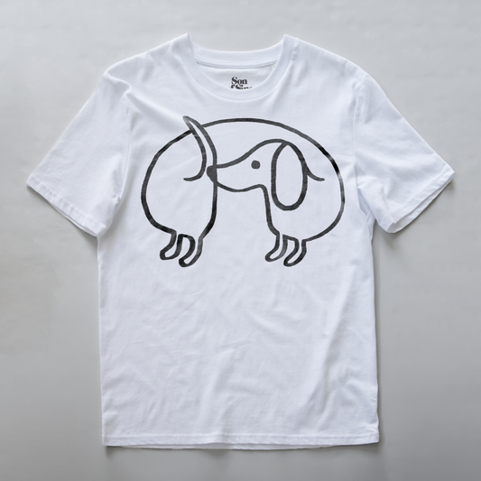 A white electronic music t-shirt featuring a black line art graphic of a dachshund.