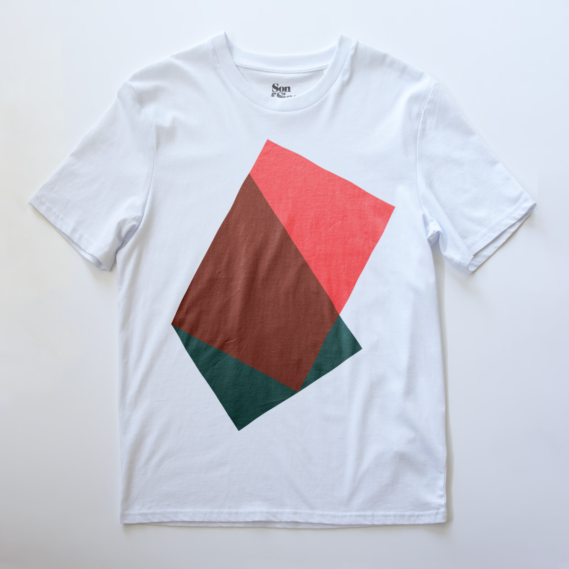 An image of a synth t-shirt featuring a large geometric graphic print on the front composed of overlapping coloured rectangles.