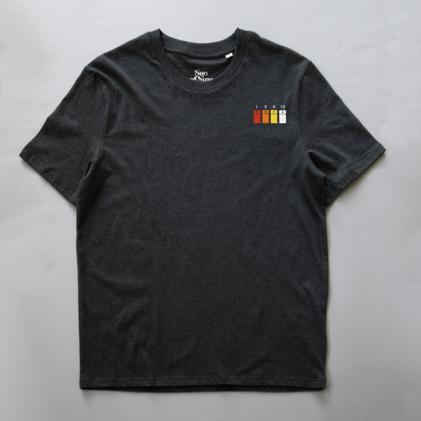 A gray heather Roland 808 synth t-shirt with a small graphic on the left chest.