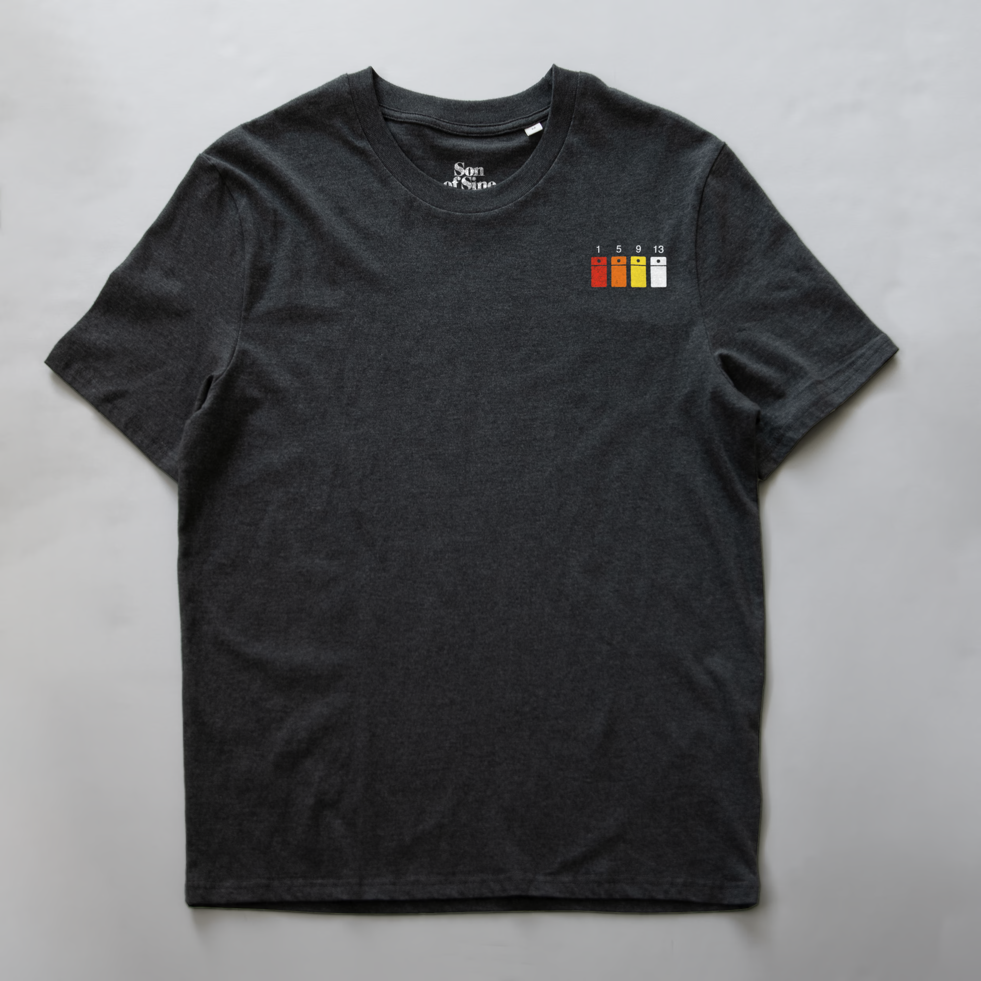 A gray heather Roland 808 synth t-shirt with a small graphic on the left chest.