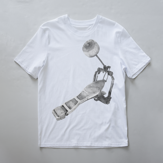An electronic music t-shirt featuring a large black and white graphic print of a bass drum pedal.