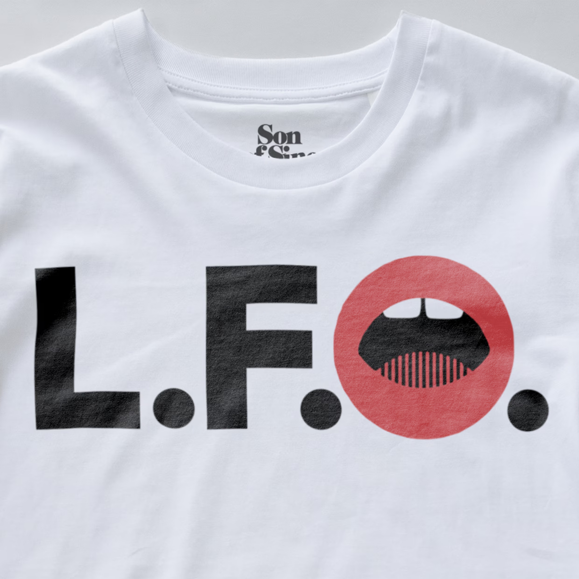 White synth t-shirt featuring a graphic print of the letters 'L.F.O.'.