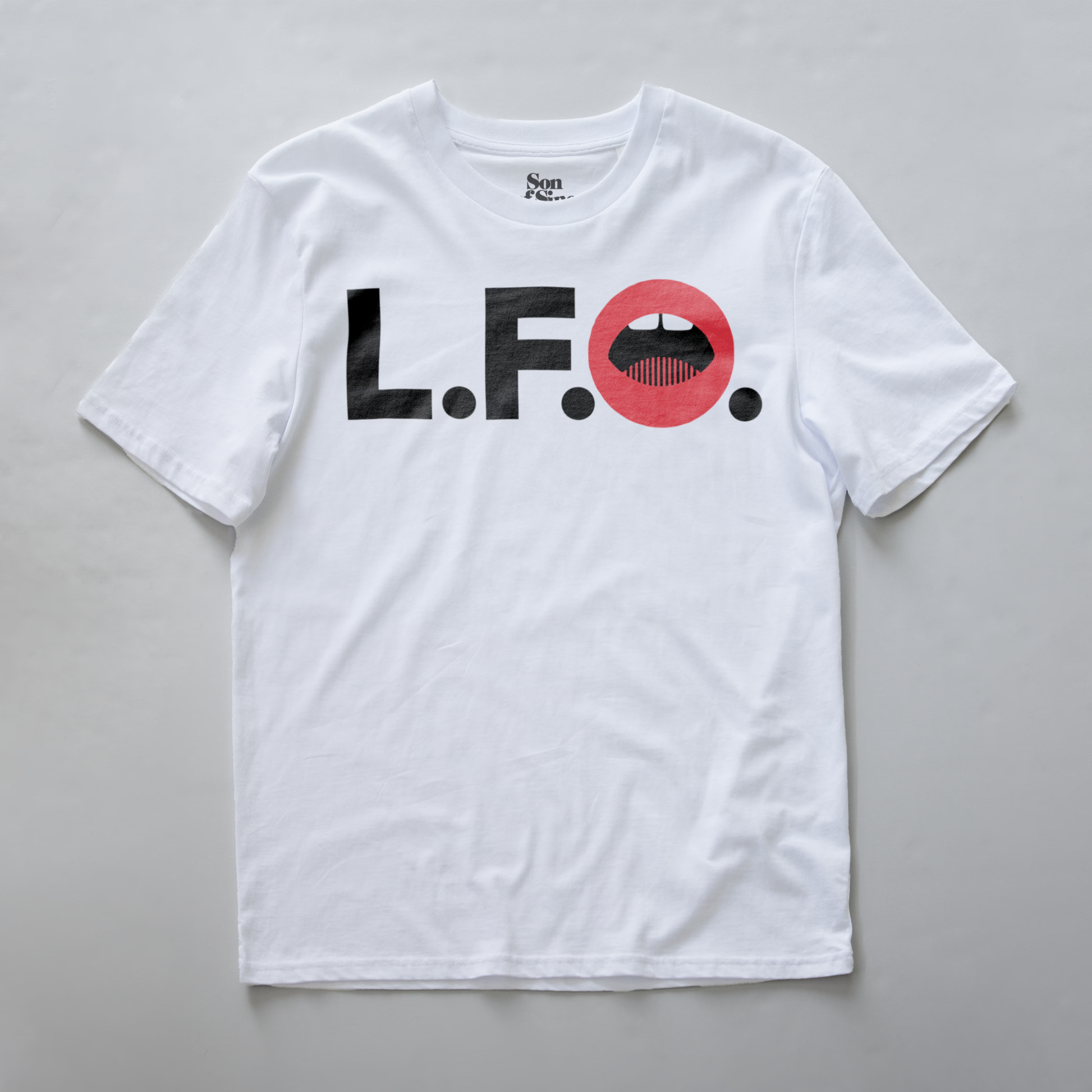 A white modular synth t-shirt laid flat on a light gray background, featuring a graphic print of the letters 'L.F.O'.