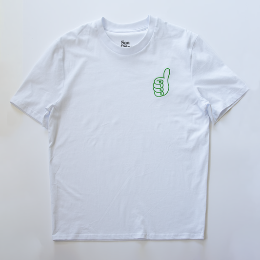 A white electronic music t-shirt with an embroidered green outline graphic of a hand giving a thumbs-up on the left chest. The word 'NICE' appears across the fingers.