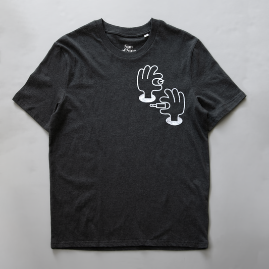 A dark heather gray synth inspired t-shirt with a white graphic illustration of two hands patching and tweaking electronic music.