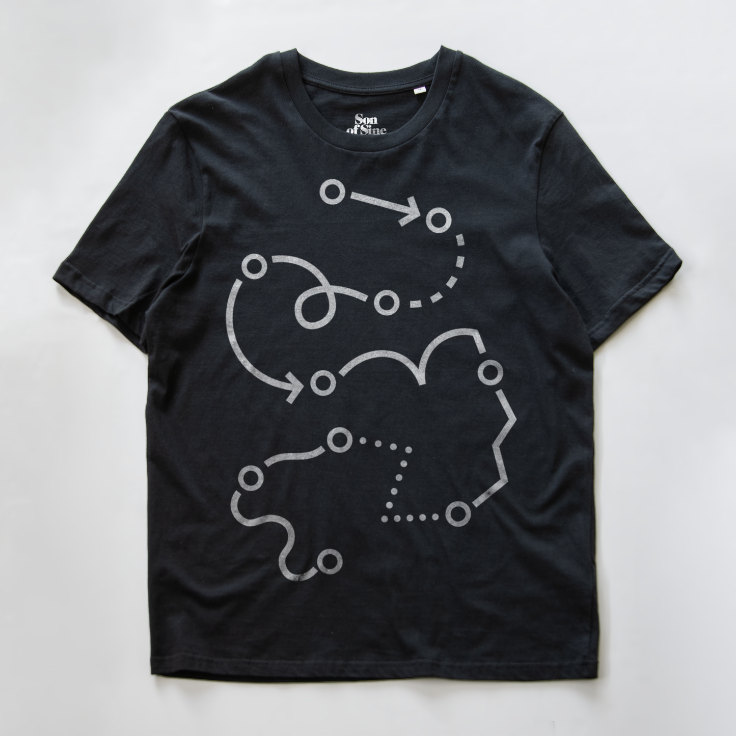 A black modular synth t-shirt with a white abstract line-art graphic on the front.
