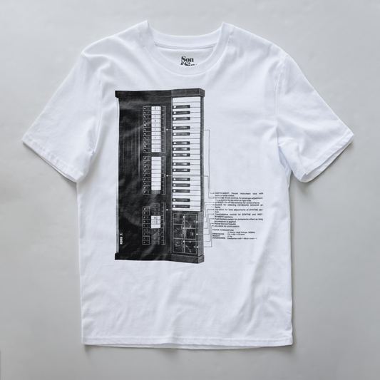 A white synth t-shirt featuring a large black and white graphic print of a synthesiser on the front.