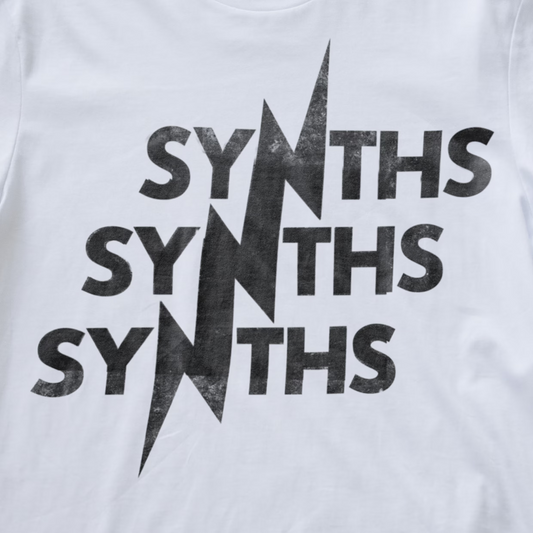 White typographic synth t-shirt featuring a distressed black graphic print of the word 'SYNTHS' repeated vertically with a lightning bolt motif.