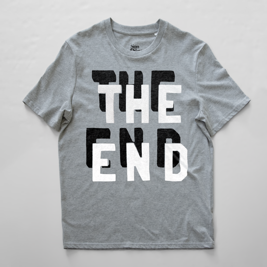 A heather gray synth t-shirt with a bold graphic print reading 'THE END' in alternating black and white block letters.